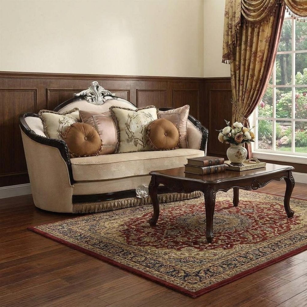 75" Tan Velvet Curved Loveseat and Toss Pillows