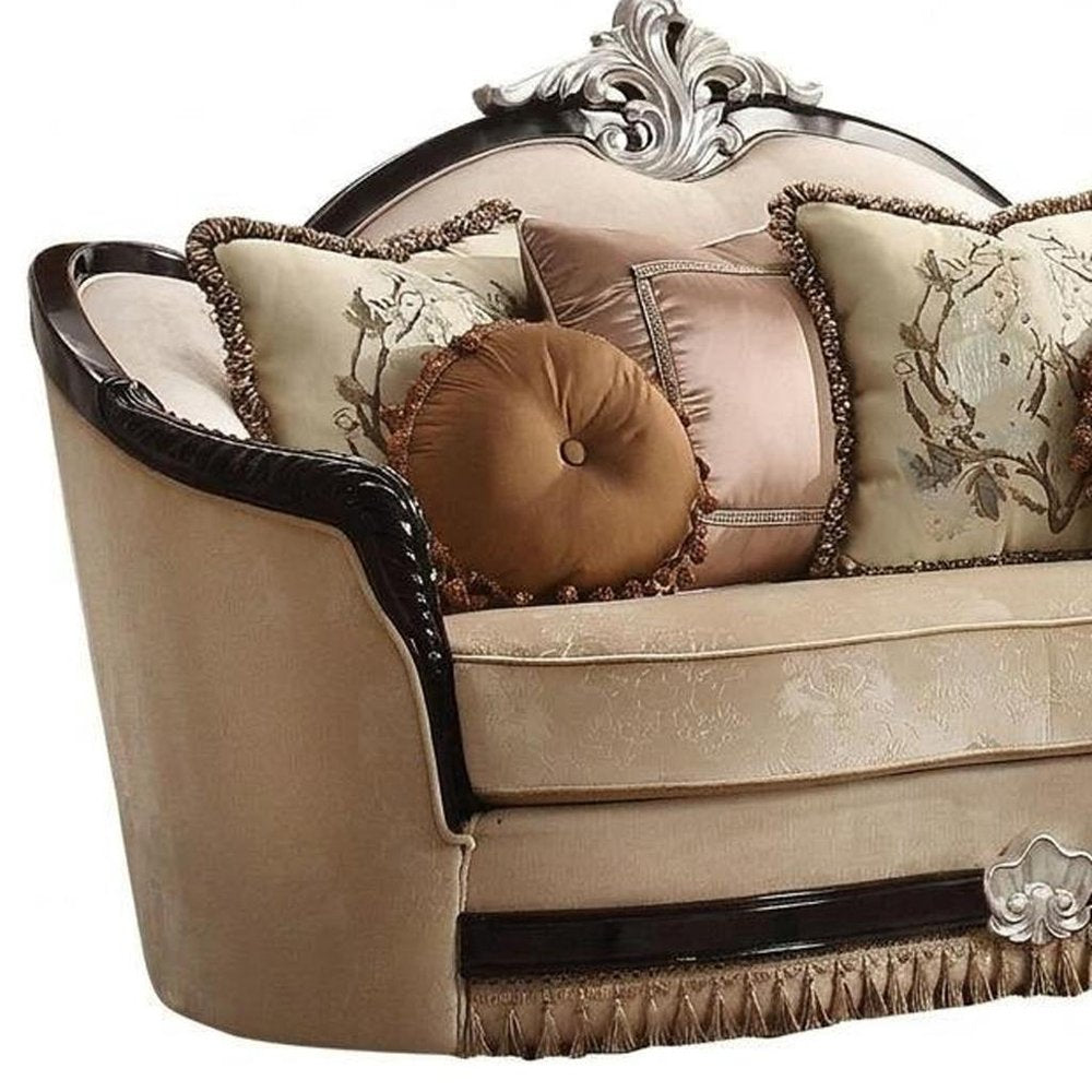 75" Tan Velvet Curved Loveseat and Toss Pillows on a white background