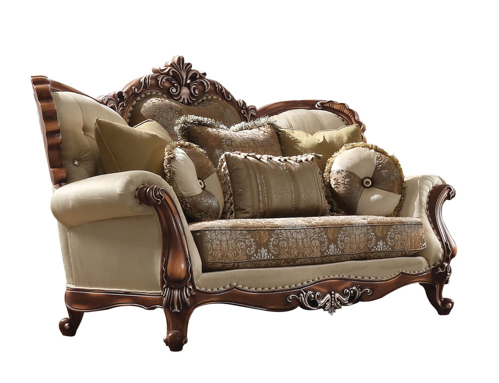 74" Tan And Brown Velvet Damask Curved Loveseat and Toss Pillows on a white background