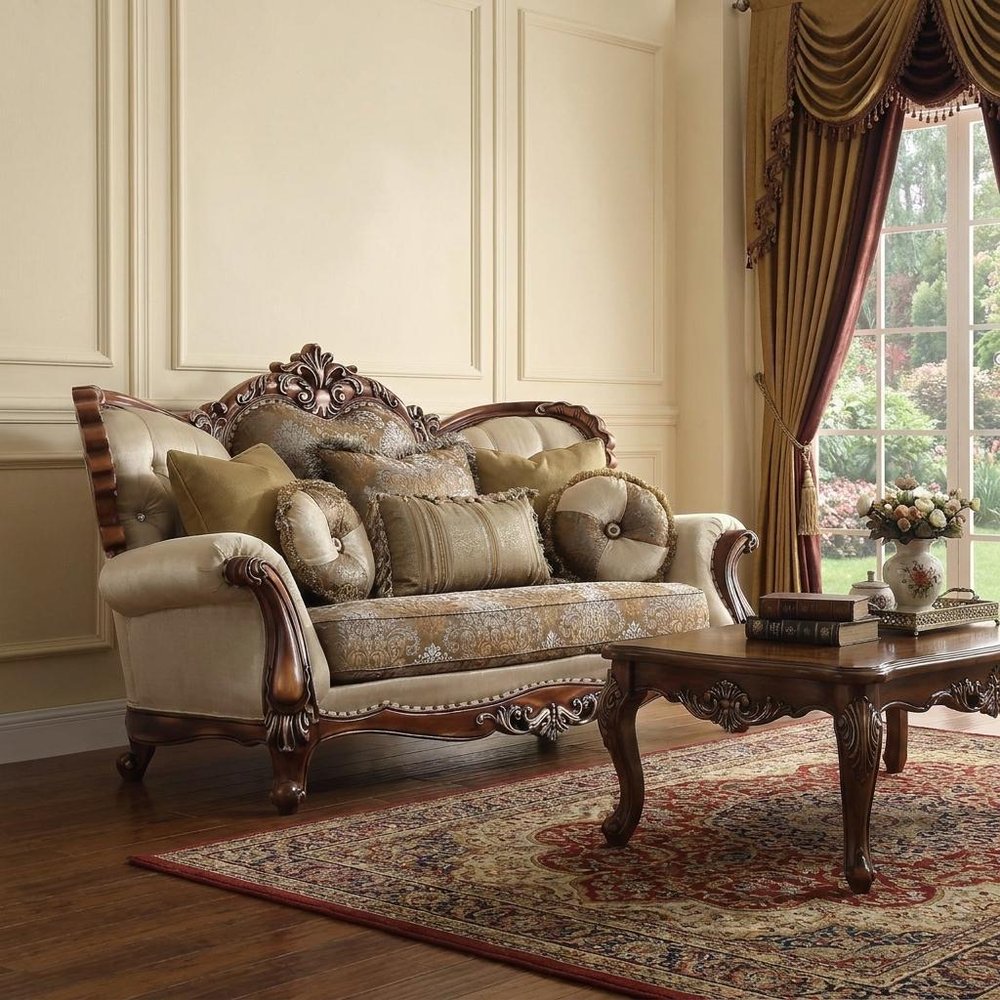 74" Tan And Brown Velvet Damask Curved Loveseat and Toss Pillows