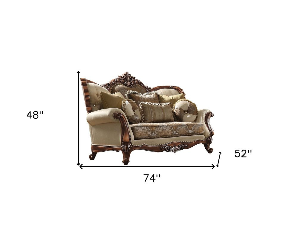 74" Tan And Brown Velvet Damask Curved Loveseat and Toss Pillows on a white background