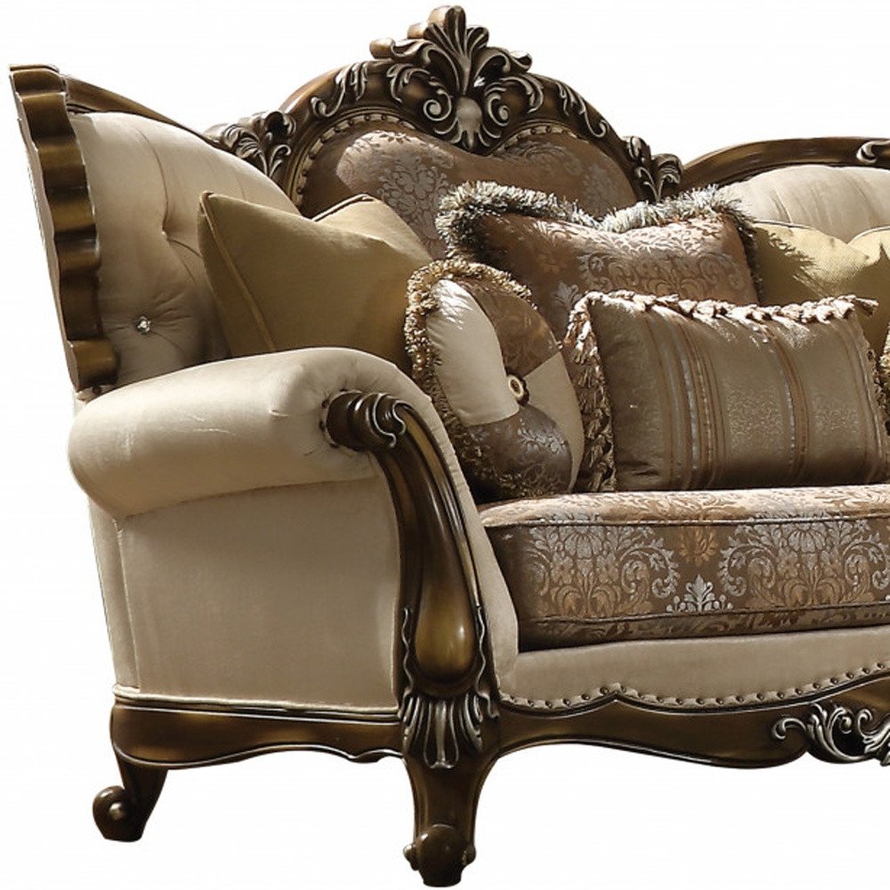 74" Tan And Brown Velvet Damask Curved Loveseat and Toss Pillows on a white background
