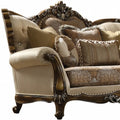 74" Tan And Brown Velvet Damask Curved Loveseat and Toss Pillows on a white background