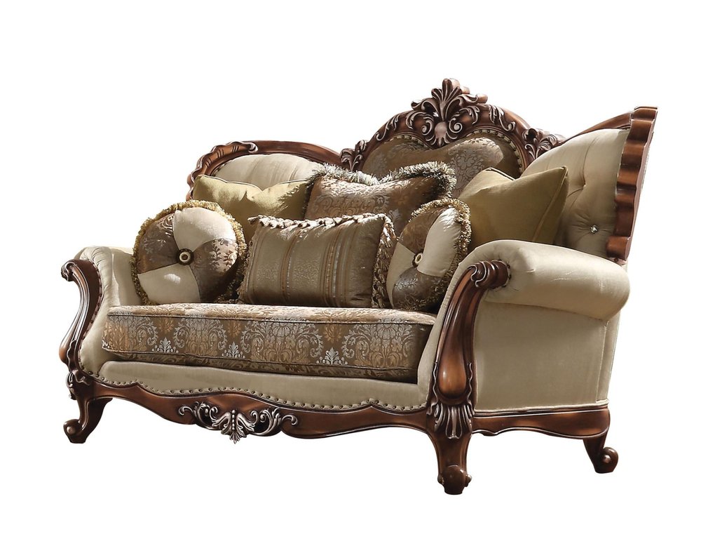 74" Tan And Brown Velvet Damask Curved Loveseat and Toss Pillows on a white background