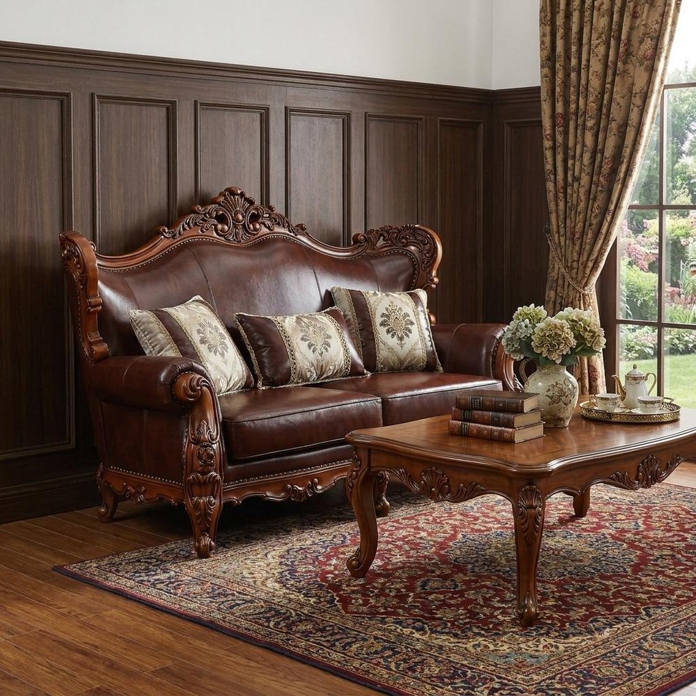 69" Brown And Walnut Top Grain Leather Curved Loveseat and Toss Pillows