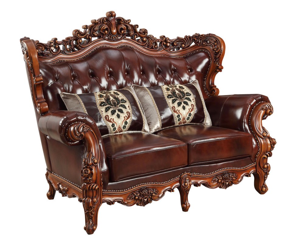 69" Brown And Walnut Top Grain Leather Curved Loveseat and Toss Pillows