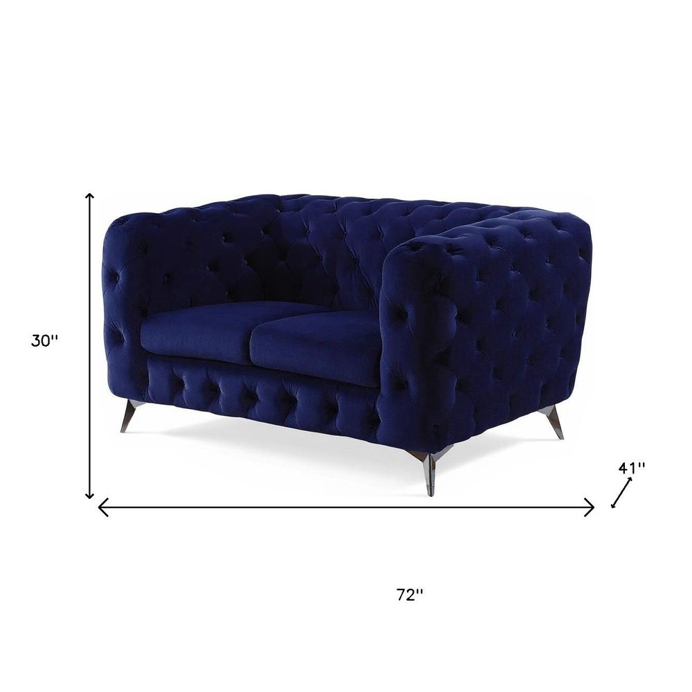 72" Blue And Silver Velvet Loveseat on a white background