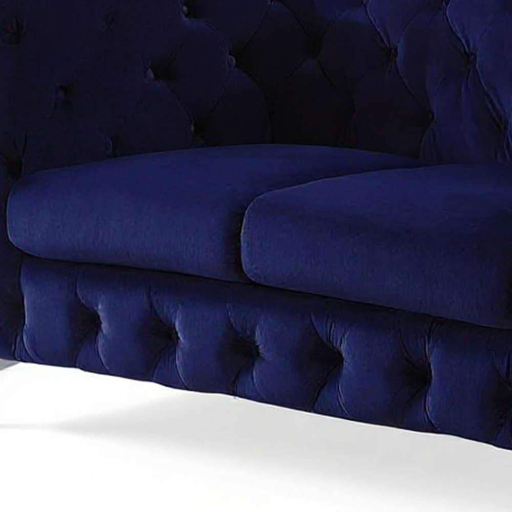 72" Blue And Silver Velvet Loveseat close-up detail