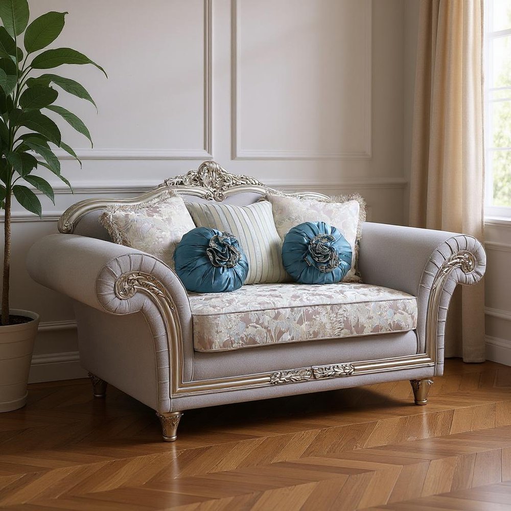 76" Light Gray And Platinum Linen Loveseat and Toss Pillows in a home interior