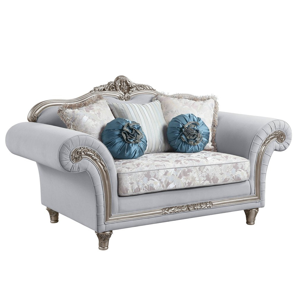 76" Light Gray And Platinum Linen Loveseat and Toss Pillows on a white background
