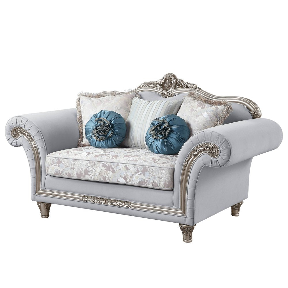 76" Light Gray And Platinum Linen Loveseat and Toss Pillows on a white background