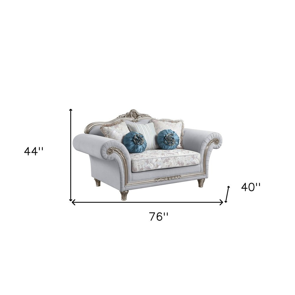 76" Light Gray And Platinum Linen Loveseat and Toss Pillows on a white background