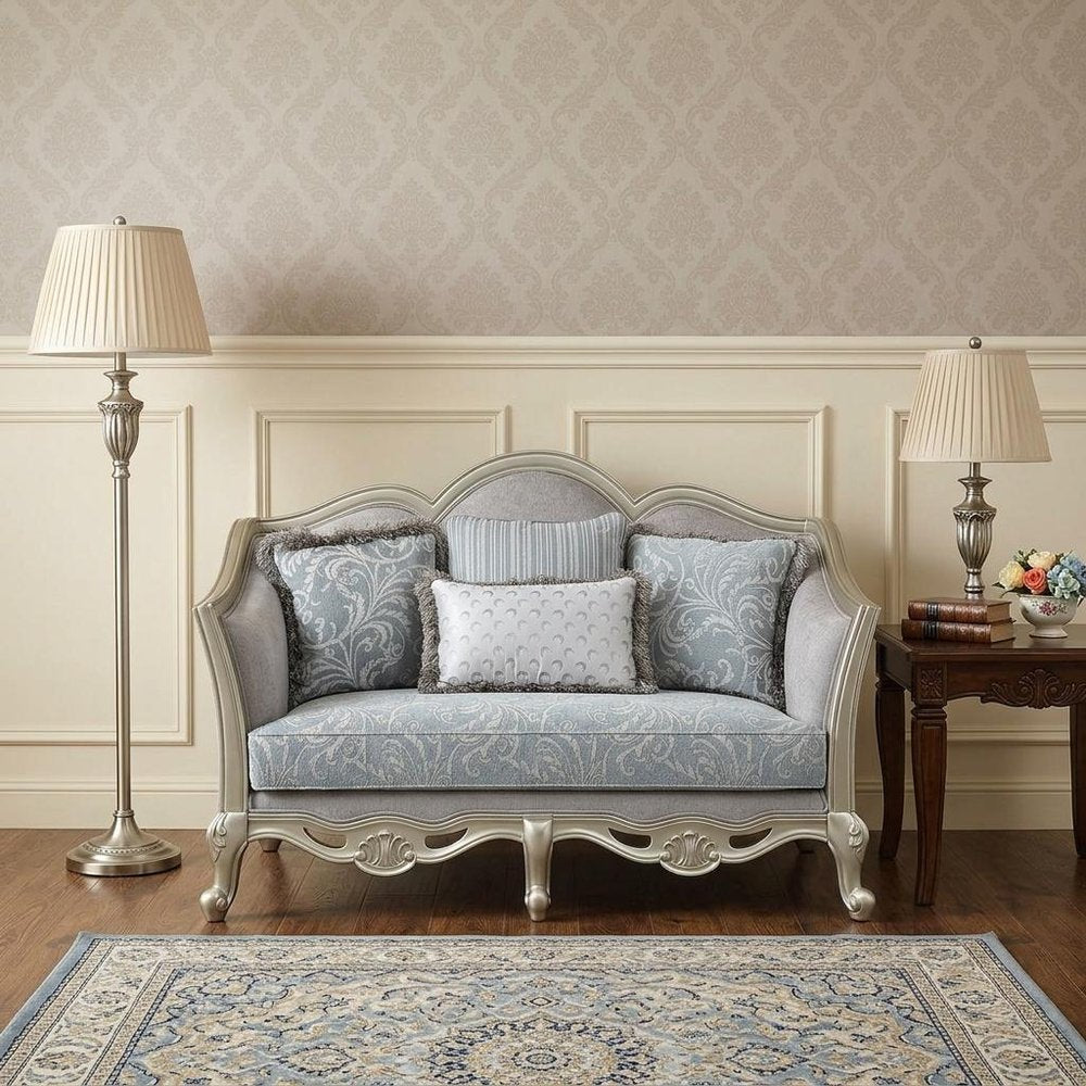 66" Light Gray And Champagne Linen Damask Loveseat and Toss Pillows