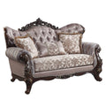 70" Pink And Brown Loveseat and Toss Pillows on a white background