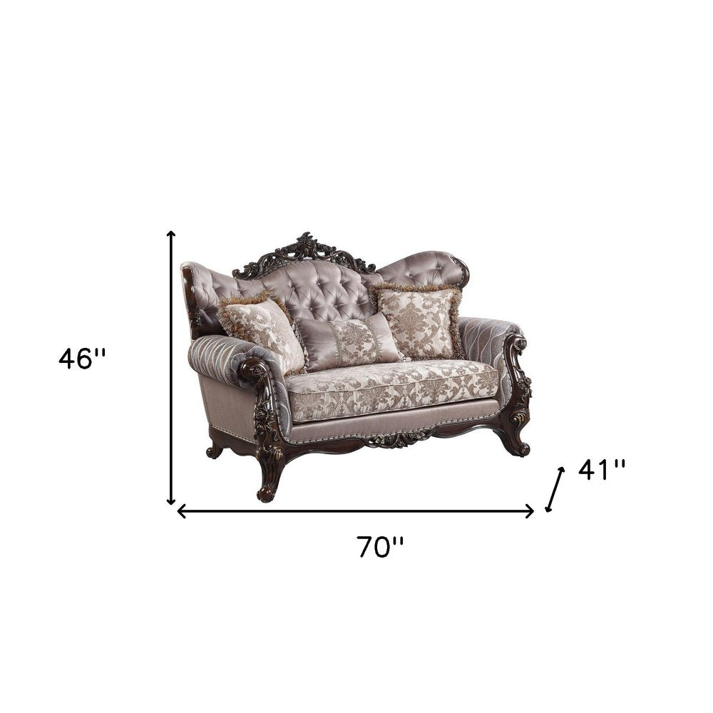 70" Pink And Brown Loveseat and Toss Pillows on a white background