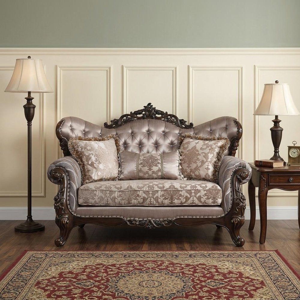 70" Pink And Brown Loveseat and Toss Pillows in a home interior
