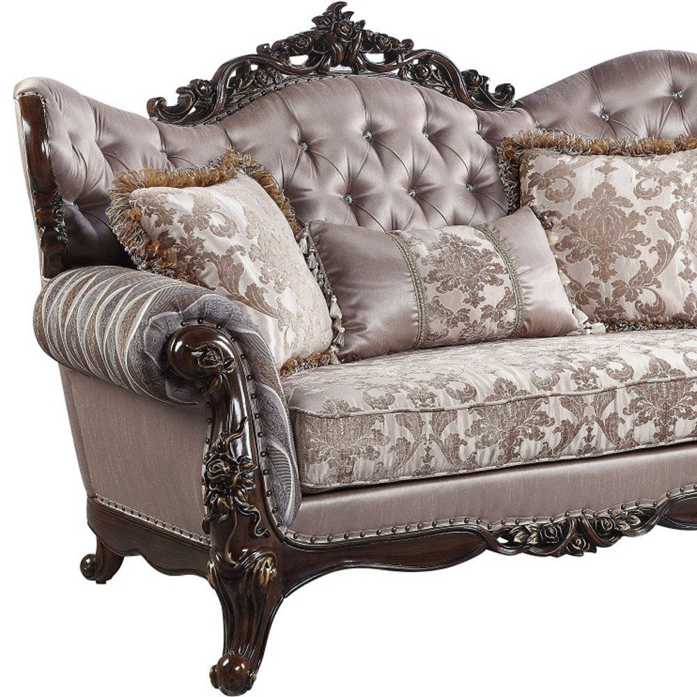70" Pink And Brown Loveseat and Toss Pillows on a white background