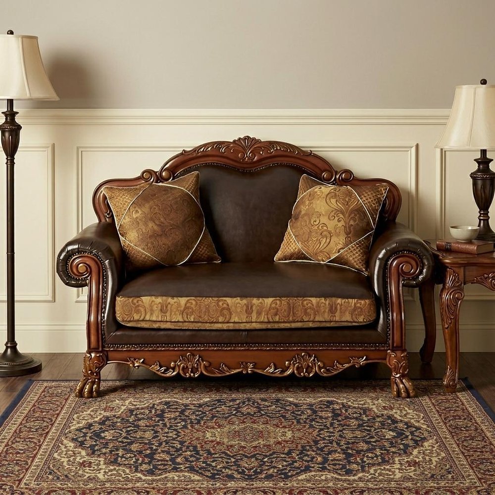 67" Brown And Redwood Faux Leather Loveseat and Toss Pillows