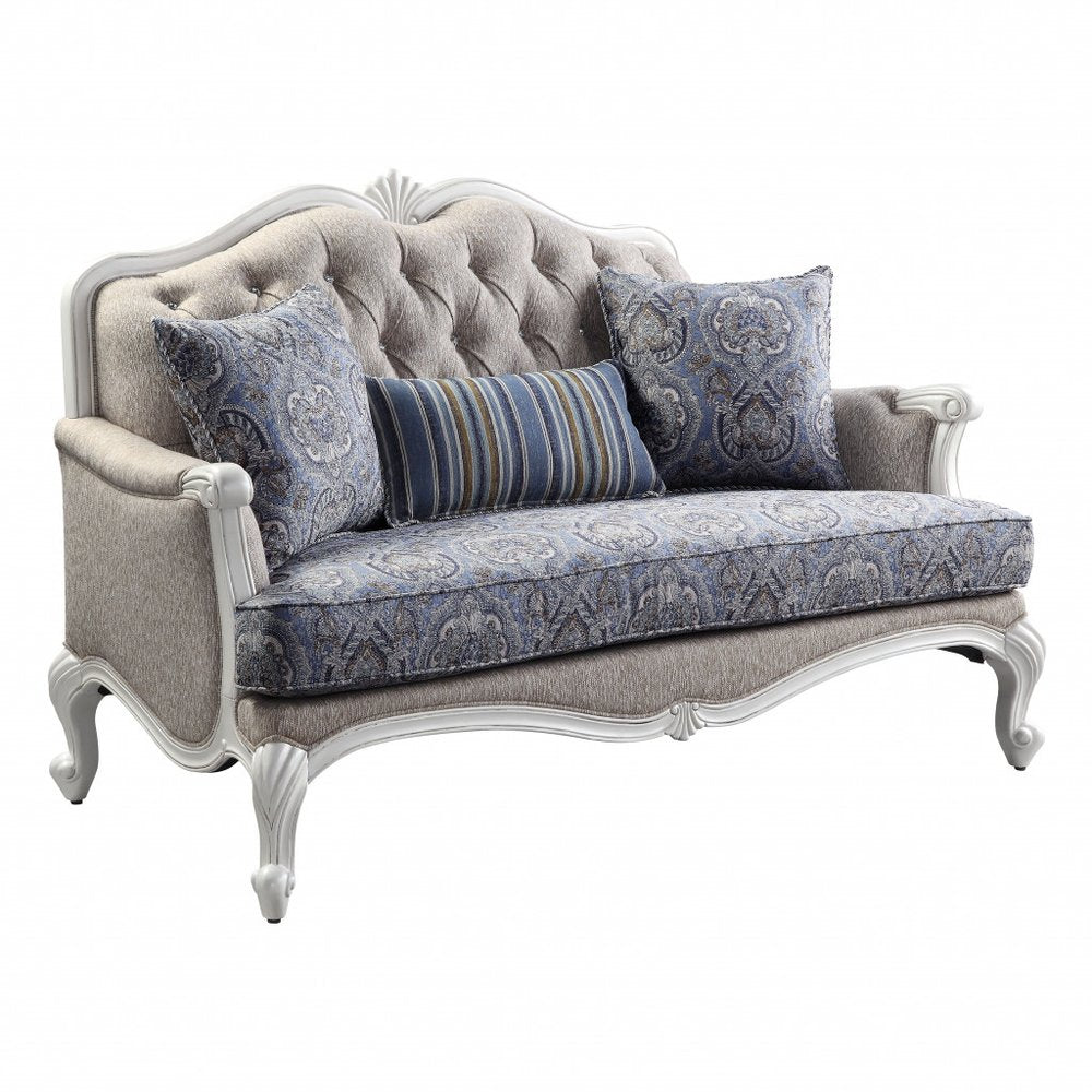 64" Beige 100% Linen And White Love Seat. Loveseat isolated on a plain white background, showing a linen surface.