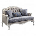 64" Beige 100% Linen And White Love Seat. Loveseat isolated on a plain white background, showing a linen surface.