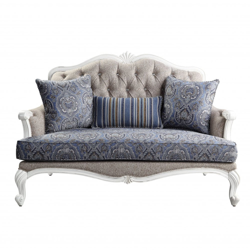 64" Beige 100% Linen And White Love Seat. Loveseat isolated on a plain white background, showing a linen surface.