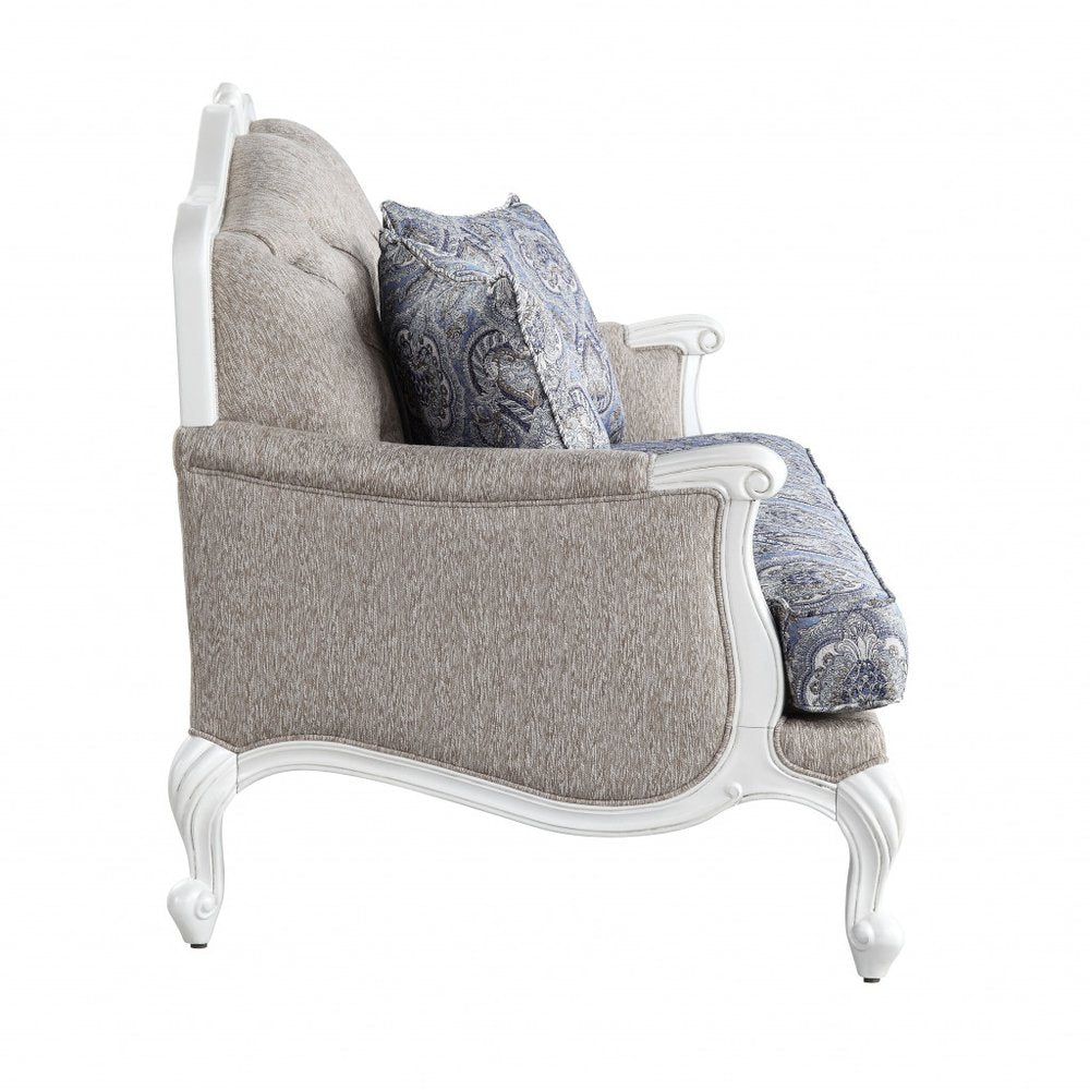 64" Beige 100% Linen And White Love Seat. Loveseat isolated on a plain white background, finished in beige linen.