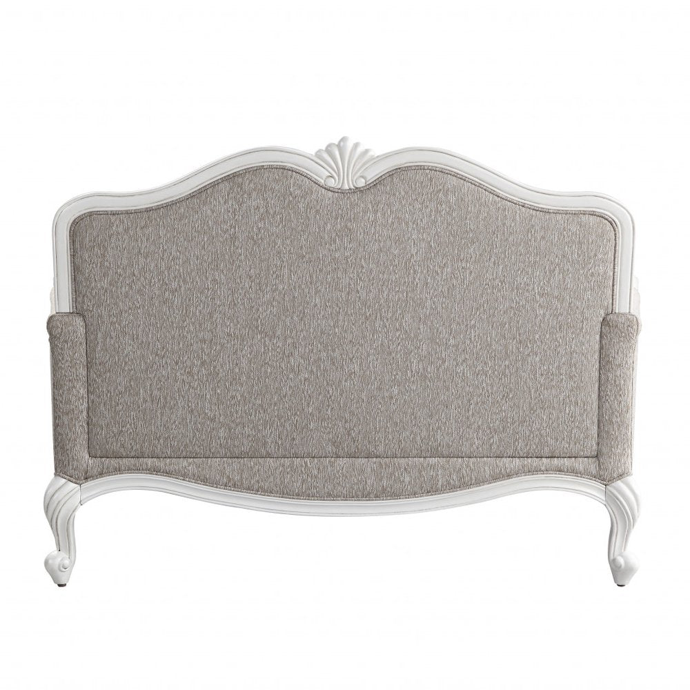 64" Beige 100% Linen And White Love Seat. Loveseat isolated on a plain white background, showing a beige linen surface.