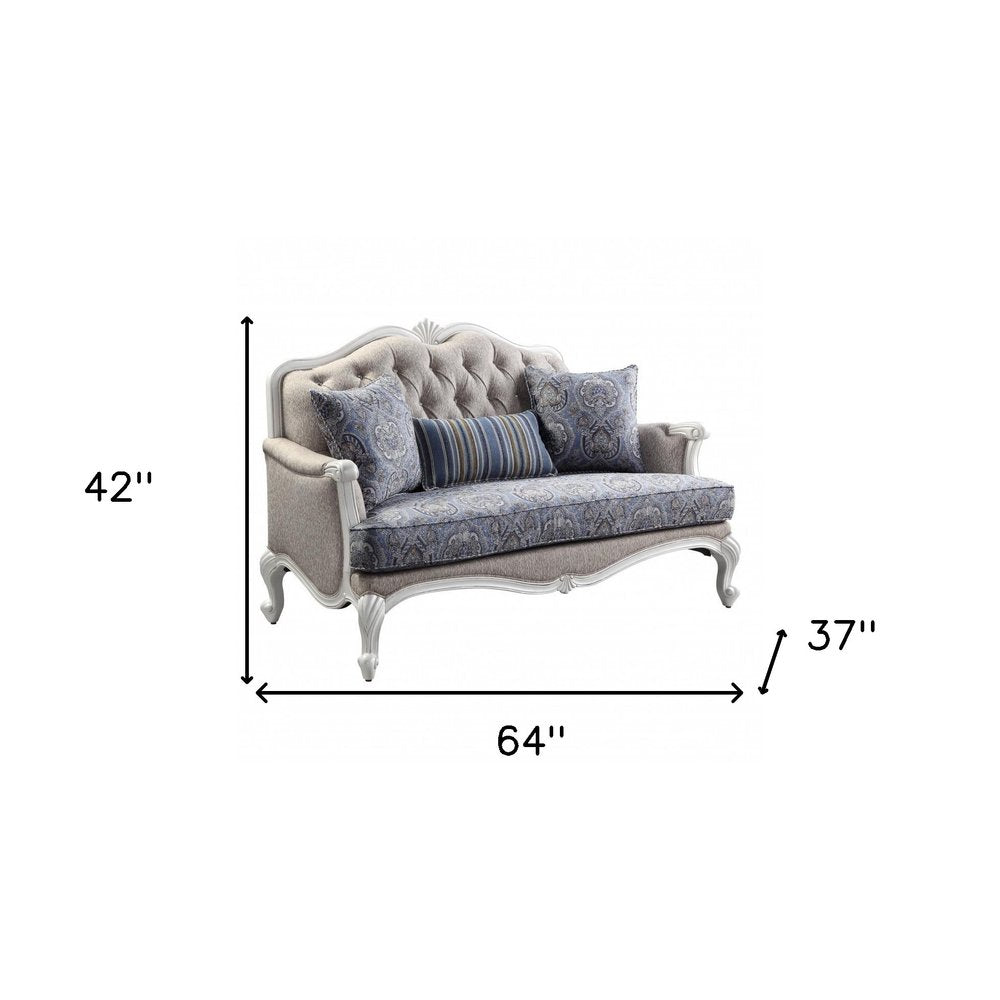64" Beige 100% Linen And White Love Seat. Loveseat isolated on a plain white background, showing a linen surface.