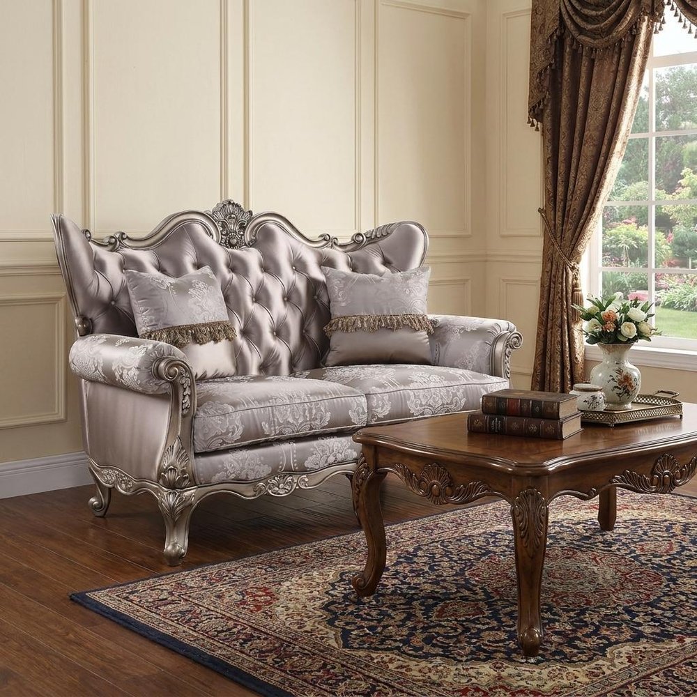 68" Pink And Platinum Silk Blend Loveseat and Toss Pillows