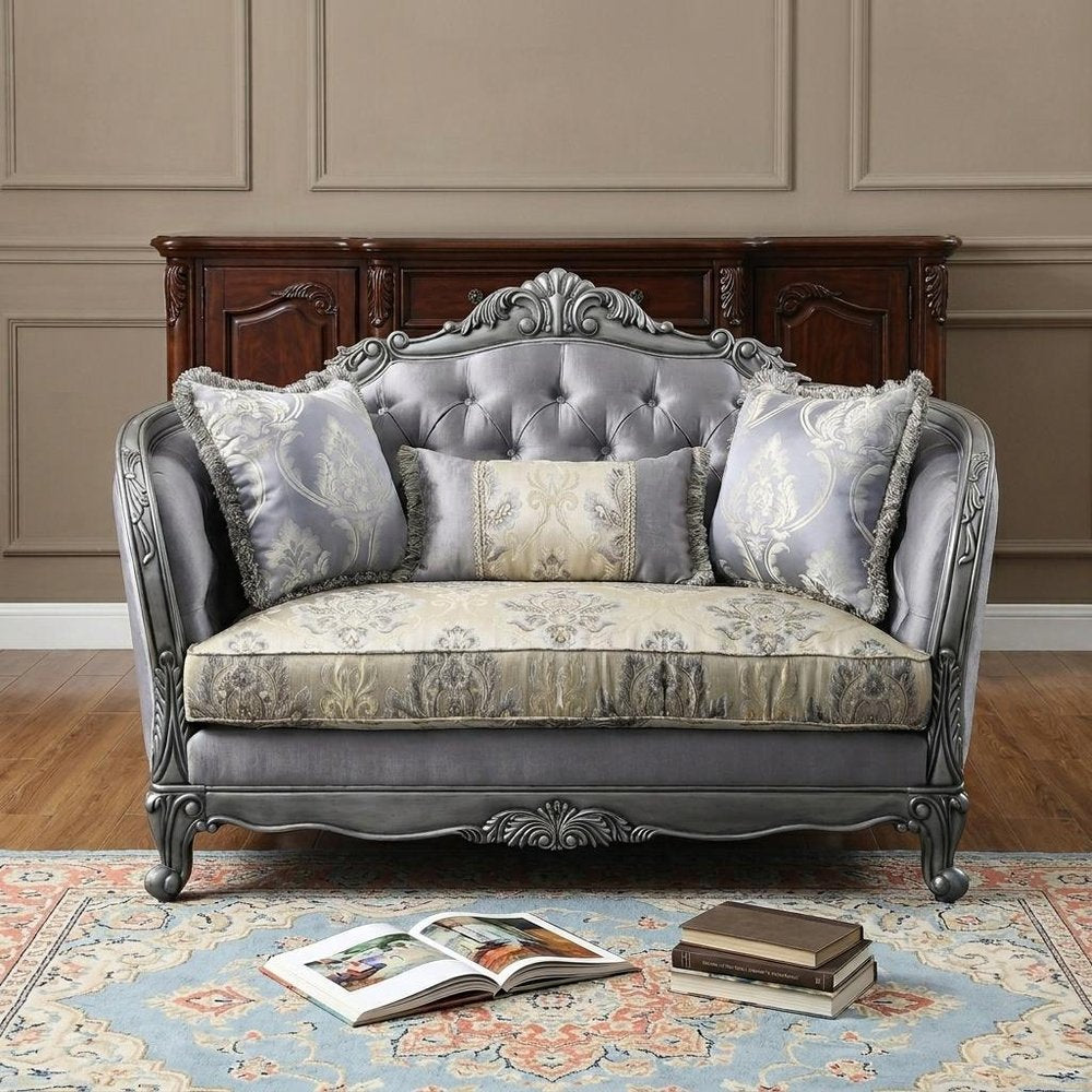 65" Gray And Platinum Silk Blend Loveseat and Toss Pillows