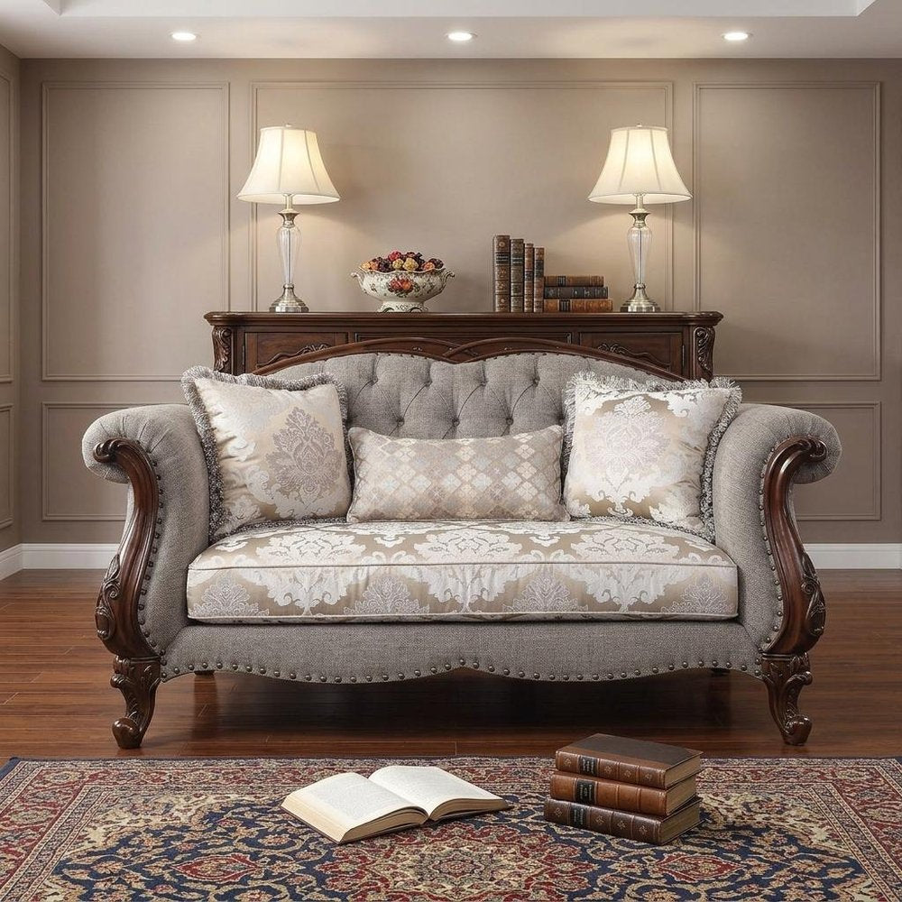 72" Beige And Dark Brown Linen Loveseat and Toss Pillows