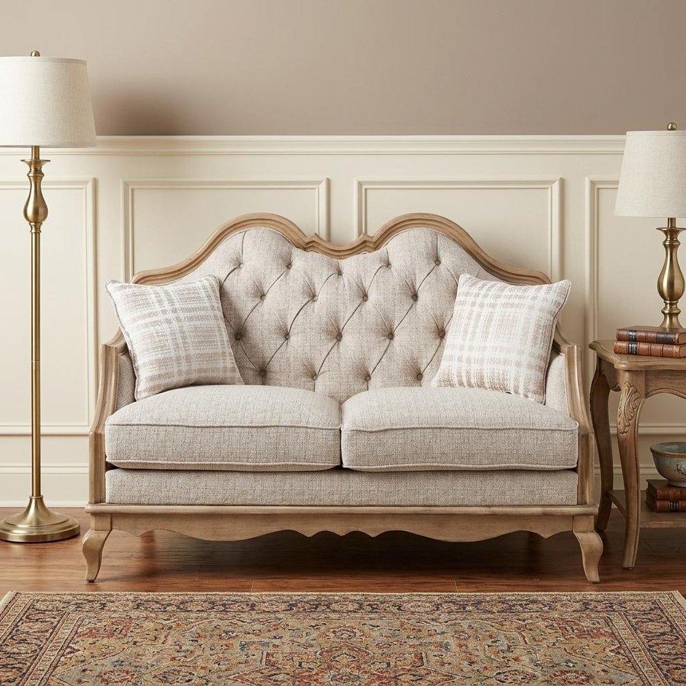 62" Beige And Brown Linen Loveseat and Toss Pillows