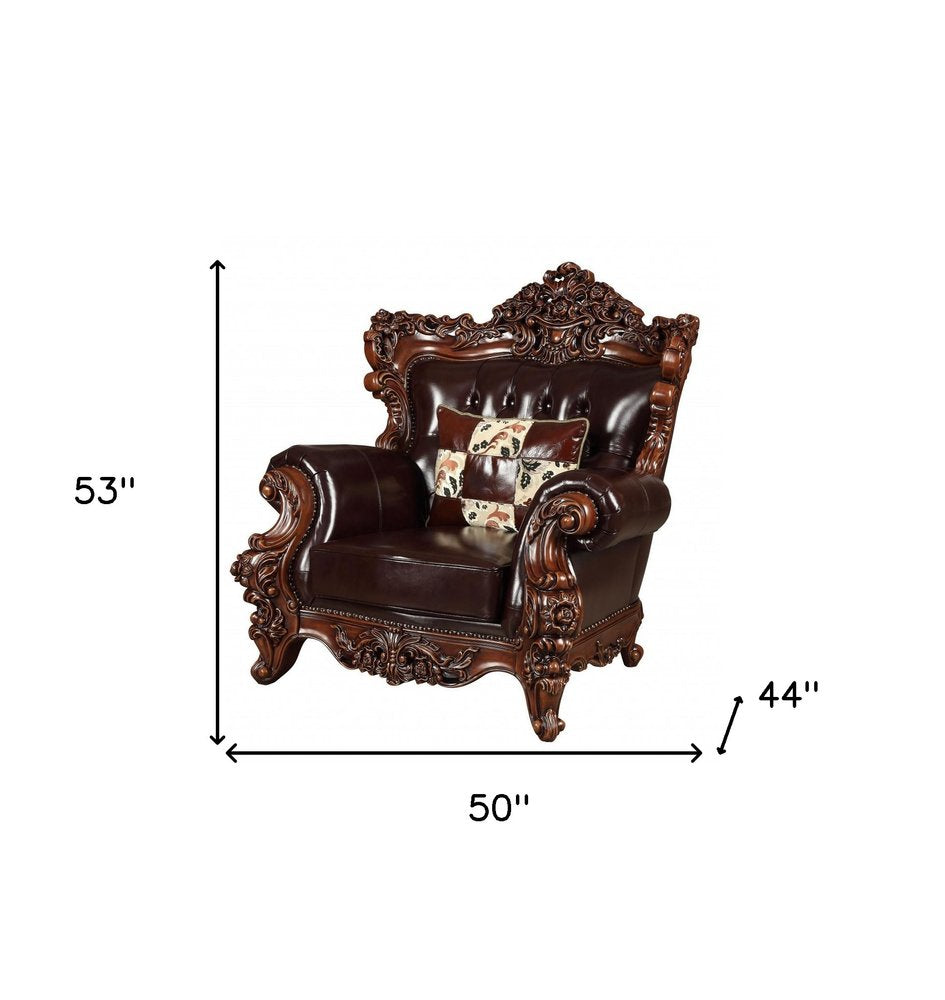 50" Espresso Faux Leather Tufted Wingback Chair And Toss Pillow. Accent chair isolated on a plain white background, finished in burgundy faux leather.