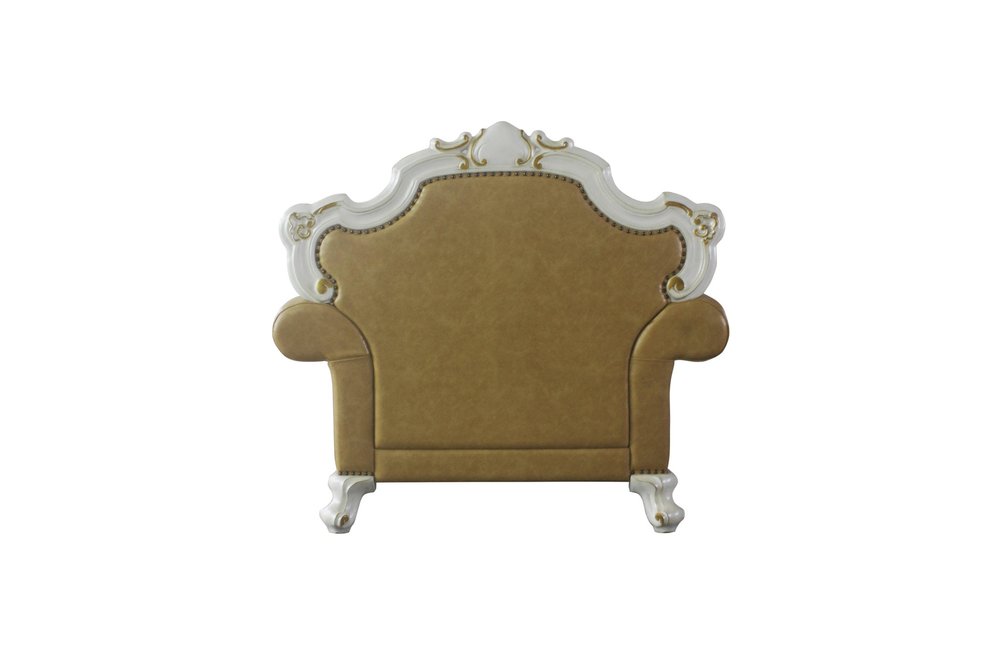 50" Beige and Pearl Faux Leather Tufted Arm Chair And Toss Pillow. Accent chair isolated on a plain white background, showing a faux leather surface.