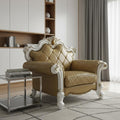 50" Beige and Pearl Faux Leather Tufted Arm Chair And Toss Pillow