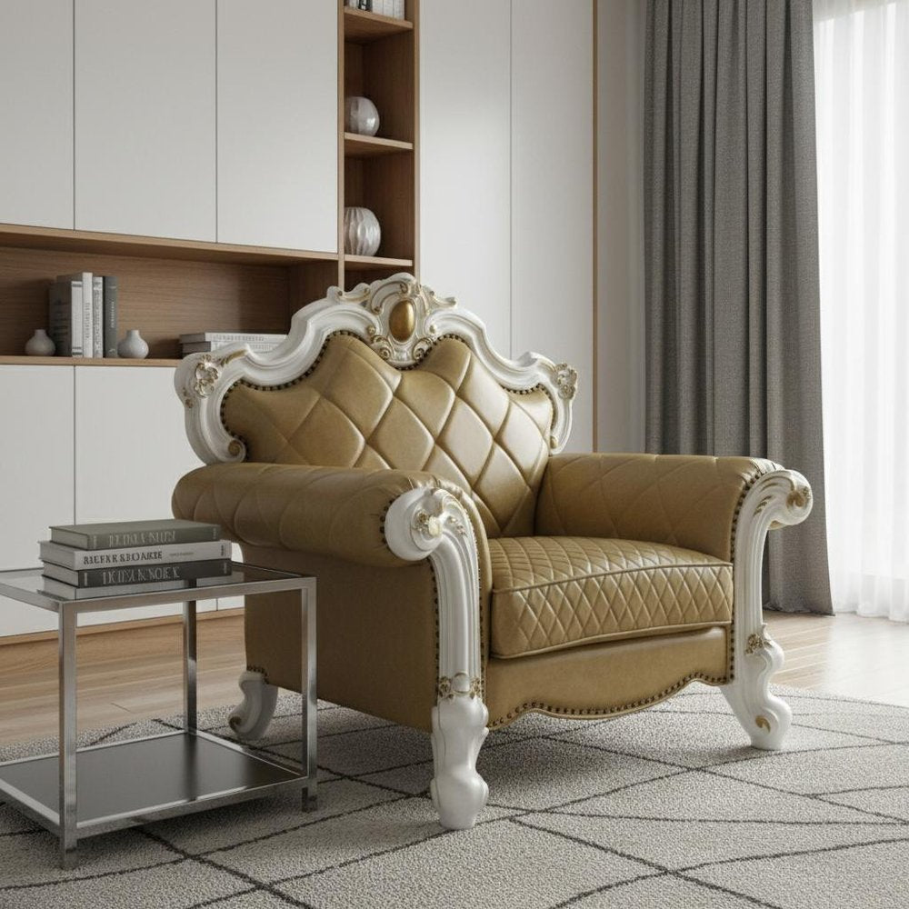 Detail view of 50" Beige and Pearl Faux Leather Tufted Arm Chair And Toss Pillow, filling the frame with the faux leather texture.