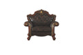 Chocolate faux leather tufted Chesterfield chair with ornate wood trim and gold accents on a white background.
