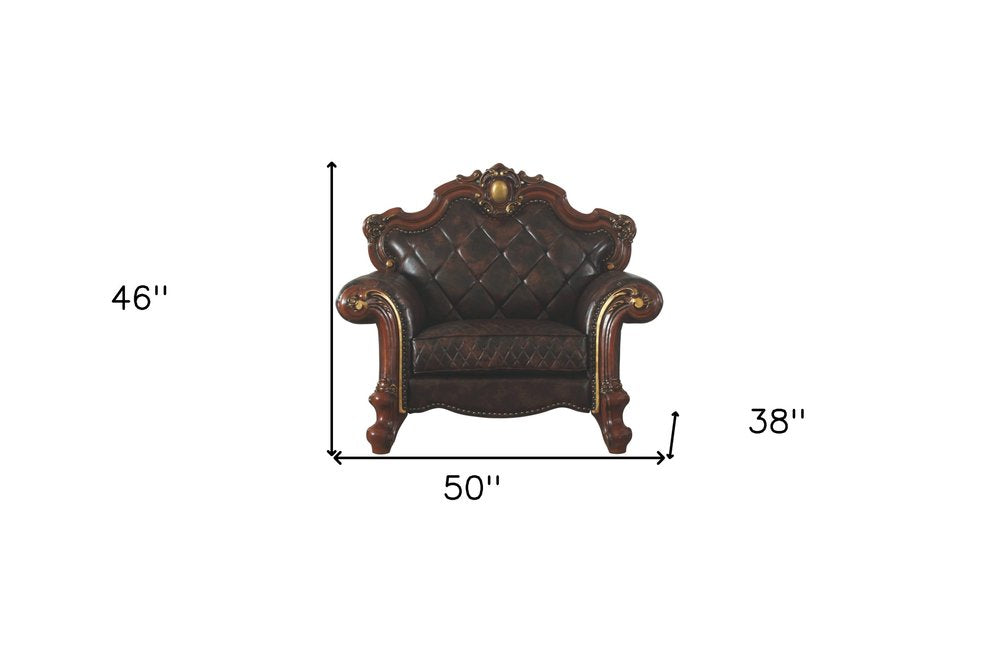 50" Chocolate Faux Leather Tufted Chesterfield Chair And Toss Pillow. Accent chair isolated on a plain white background, showing a charcoal faux leather surface.