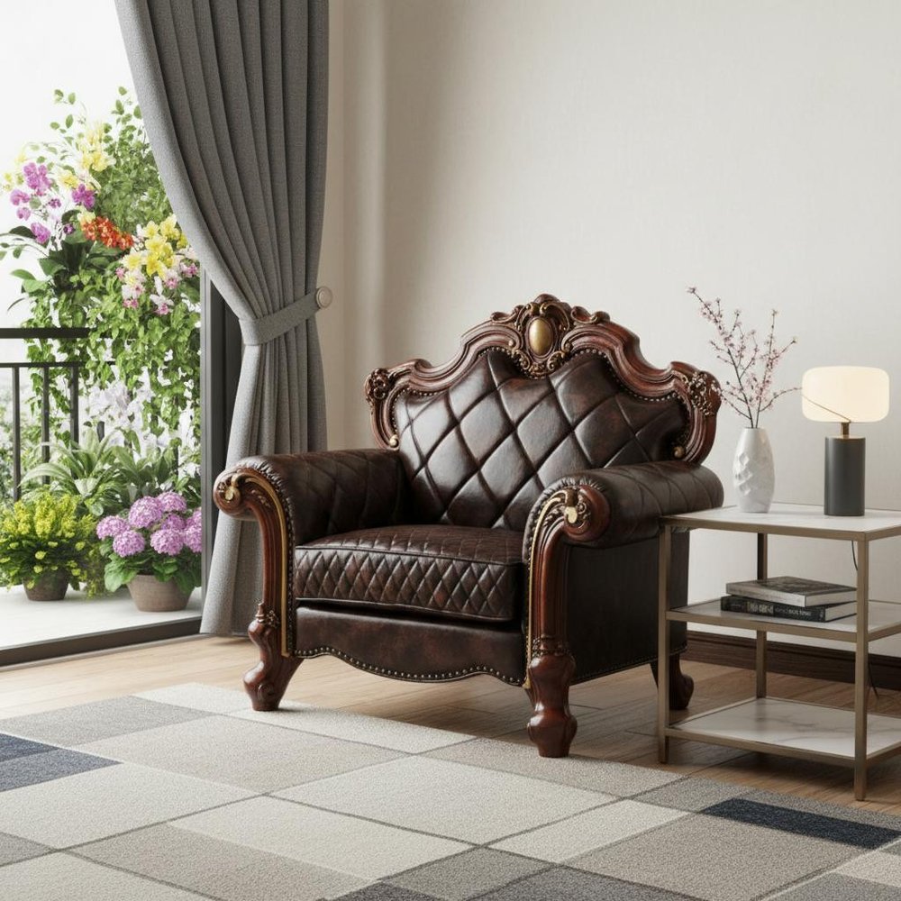 50" Chocolate Faux Leather Tufted Chesterfield Chair And Toss Pillow styled in a furnished interior on a tiled floor against an off-white wall in tan faux leather.