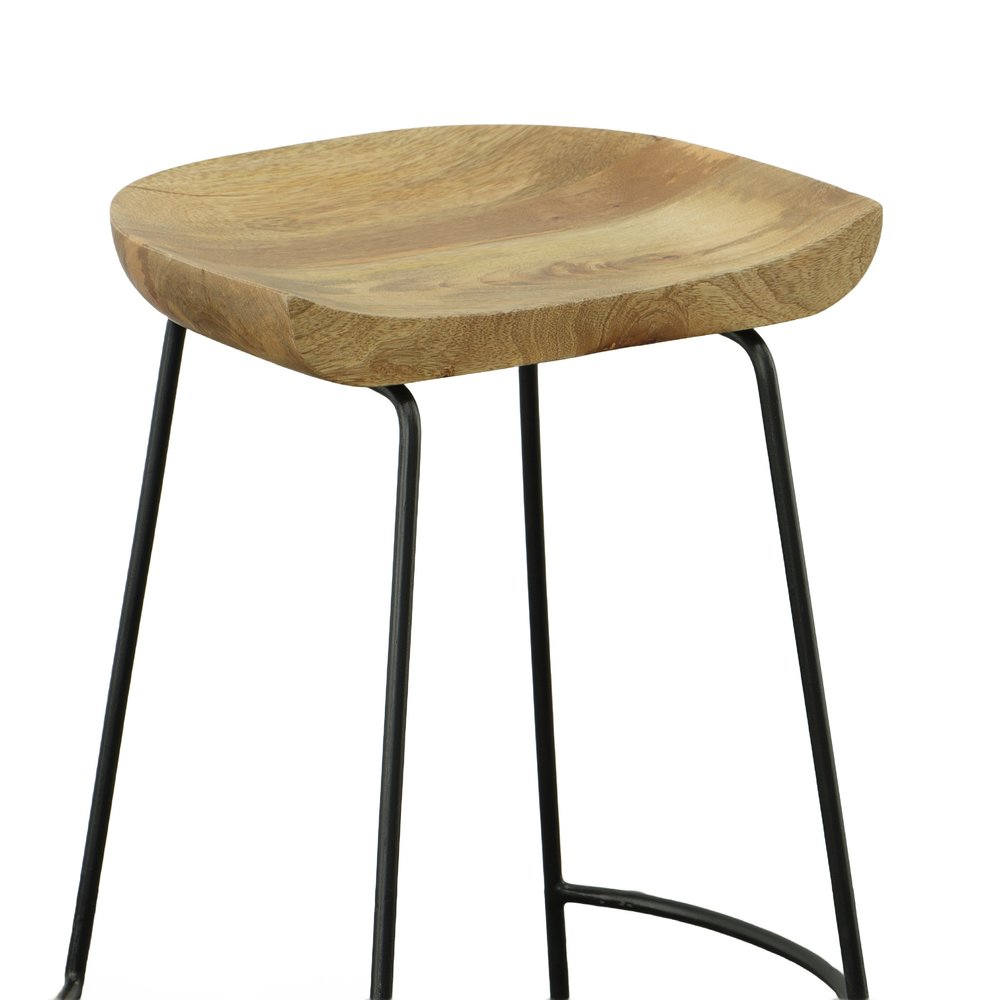 Close-up of a backless bar stool with a natural wood seat and black metal legs against a white background.