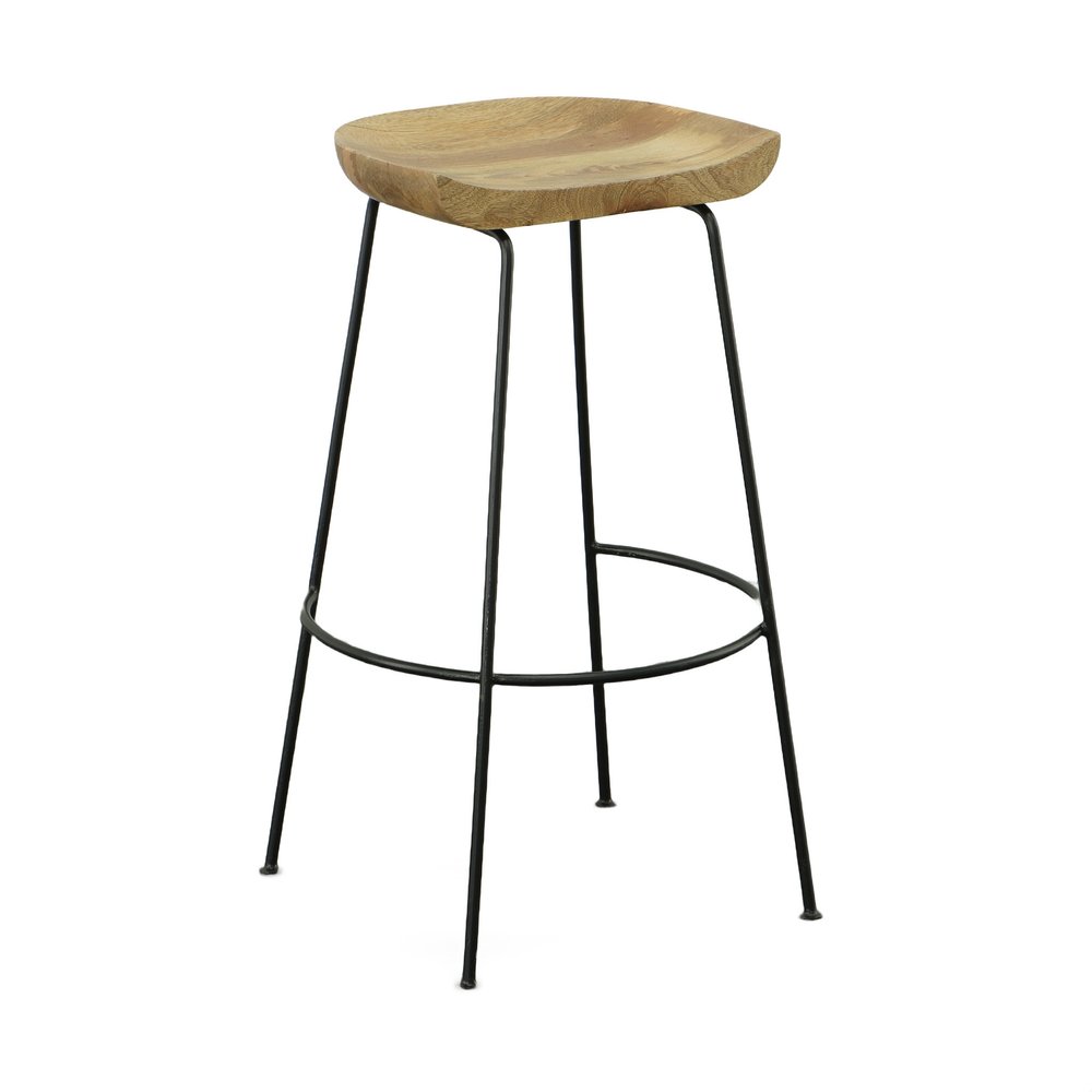 Set of Two 31" Natural and Black Solid Wood and Steel Backless Bar Height Bar Chairs - 30.5" H x 18" W x 17" D