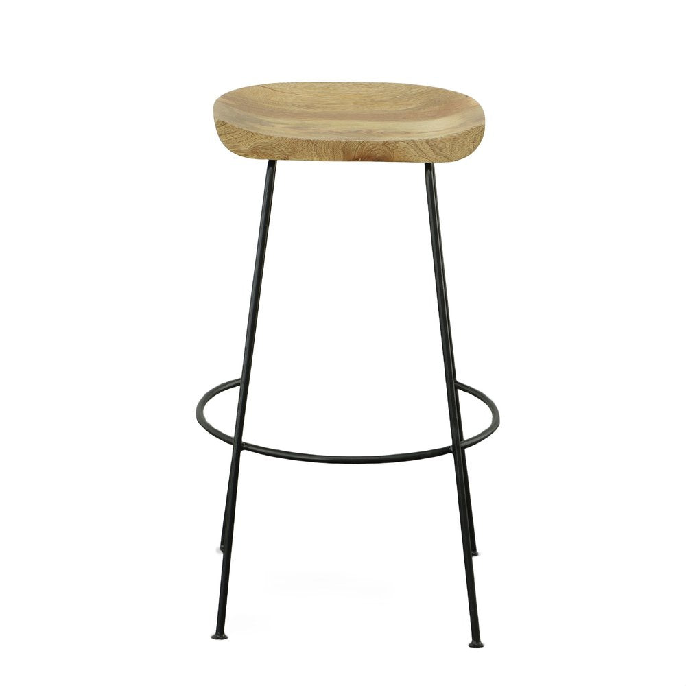 Set of Two 31" Natural and Black Solid Wood and Steel Backless Bar Height Bar Chairs - 30.5" H x 18" W x 17" D