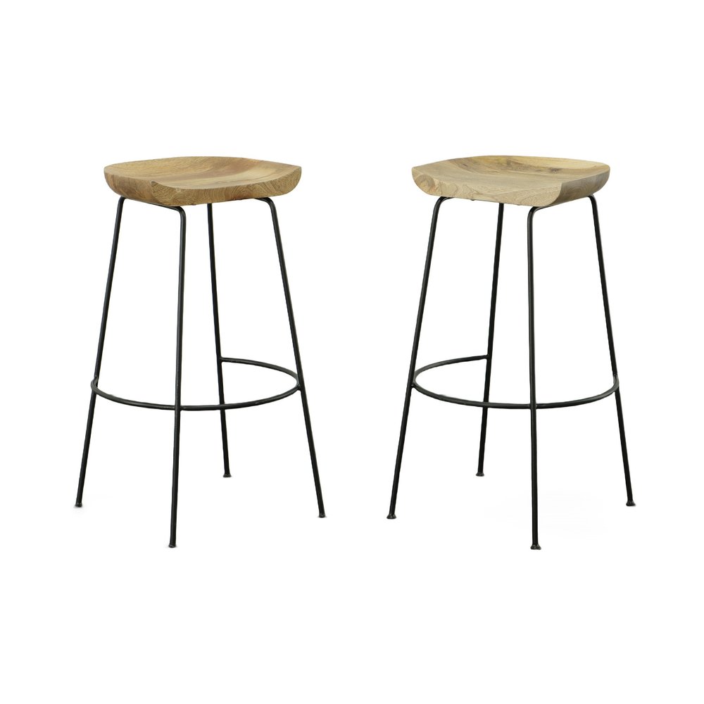 Set of Two 31" Natural and Black Solid Wood and Steel Backless Bar Height Bar Chairs - 30.5" H x 18" W x 17" D
