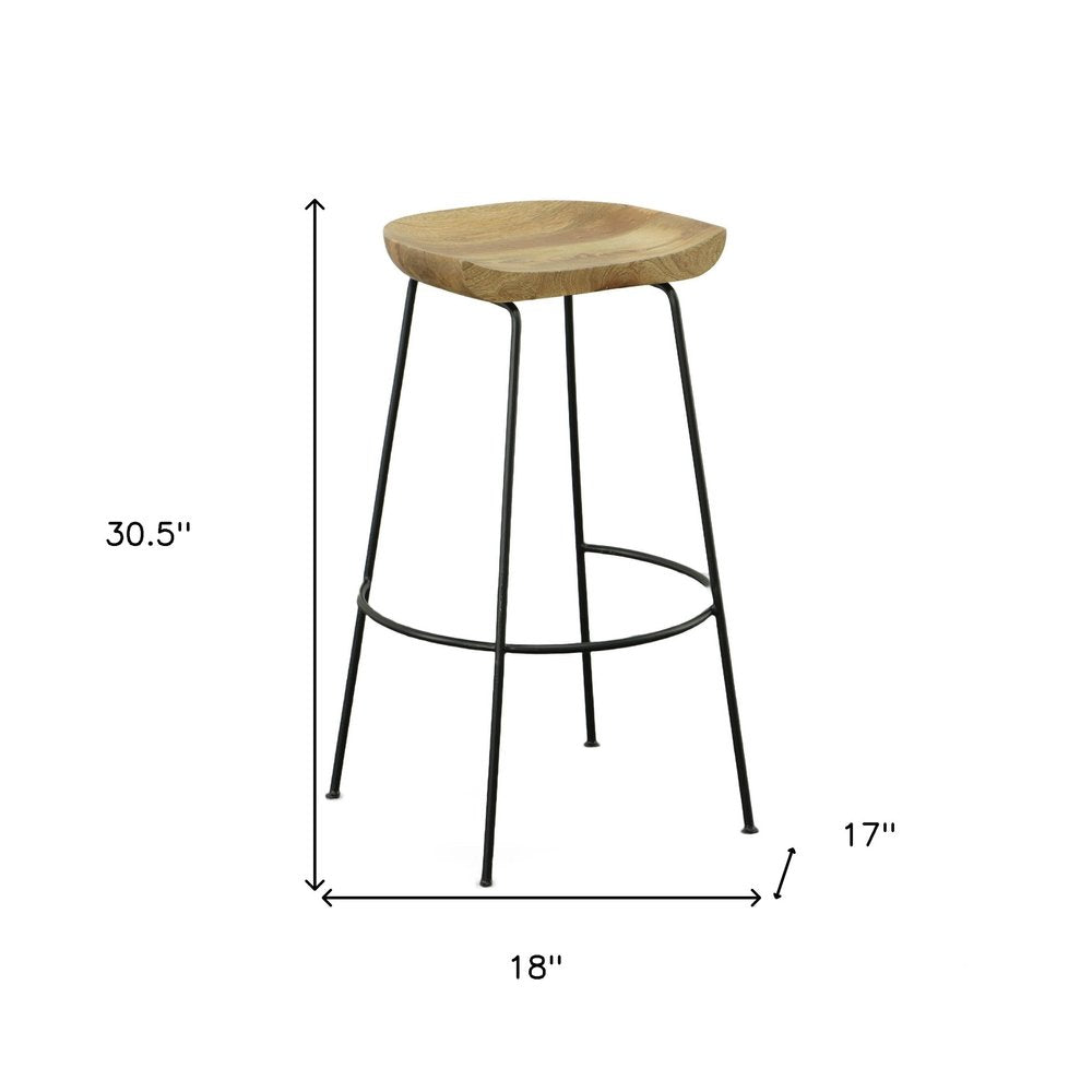 Set of Two 31" Natural And Black Solid Wood And Steel Backless Bar Height Bar Chairs on a white background
