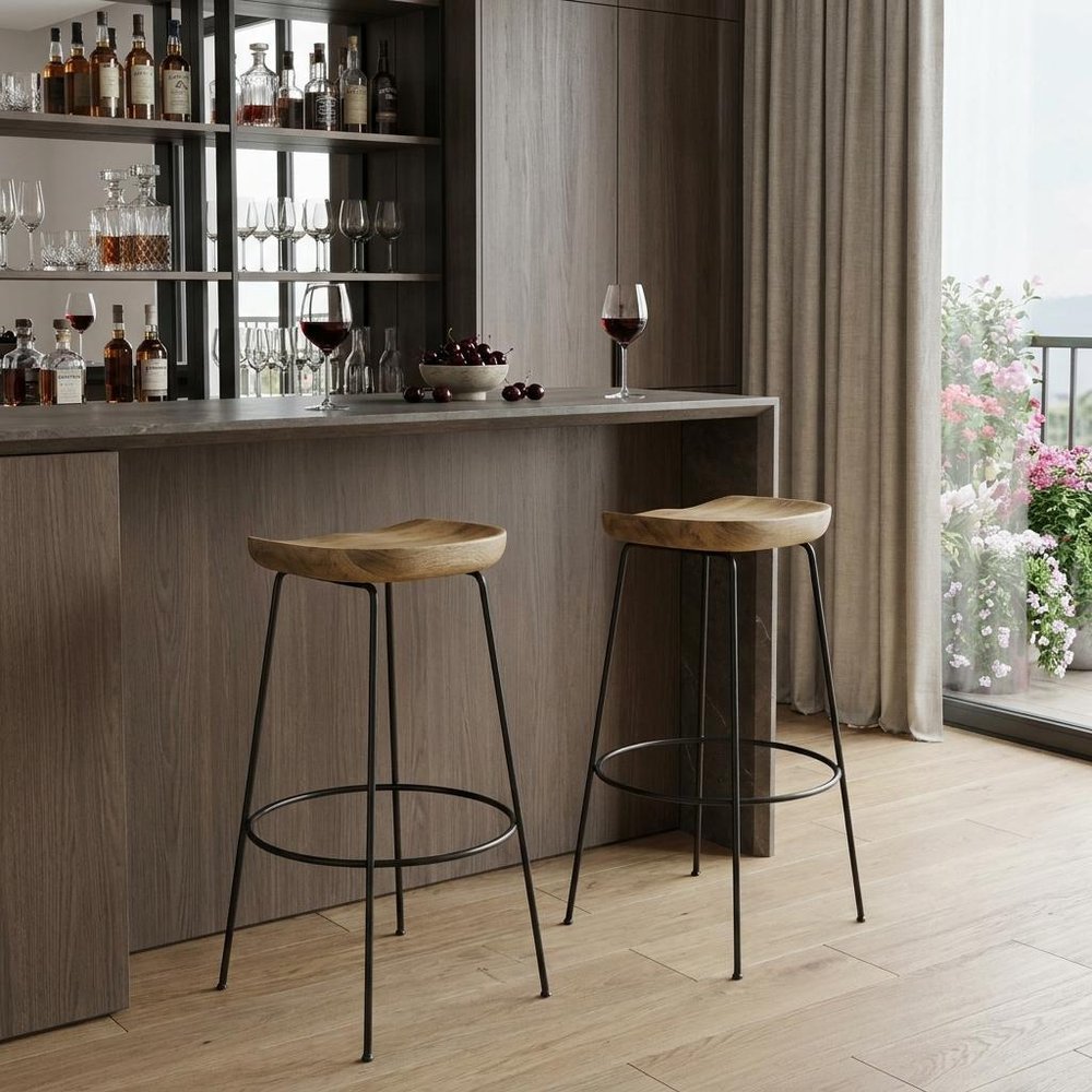 Set of Two 31" Natural And Black Solid Wood And Steel Backless Bar Height Bar Chairs in a home interior