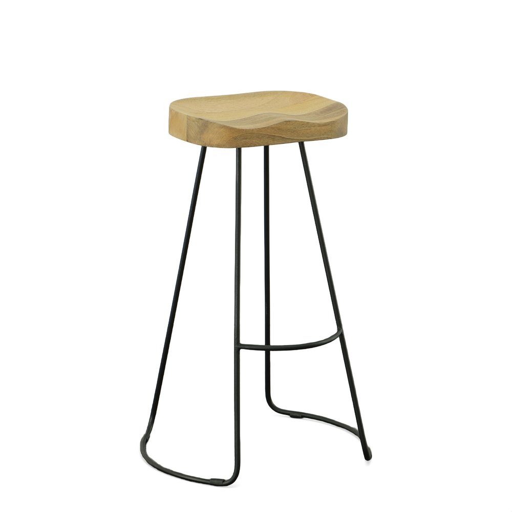 A backless bar stool with a natural wood seat and black metal legs on a white background.