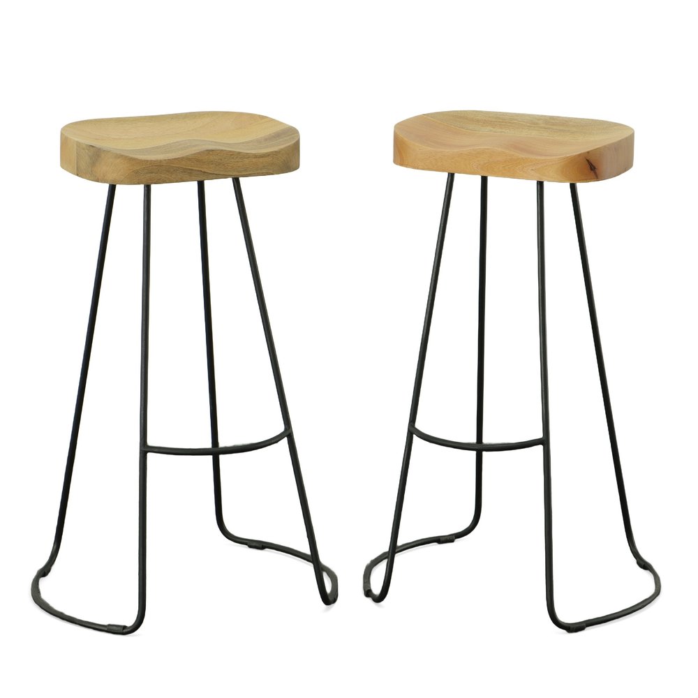 Set of Two 31" Natural and Black Solid Wood and Steel Backless Bar Height Bar Chairs - 31" H x 20" W x 18.25" D
