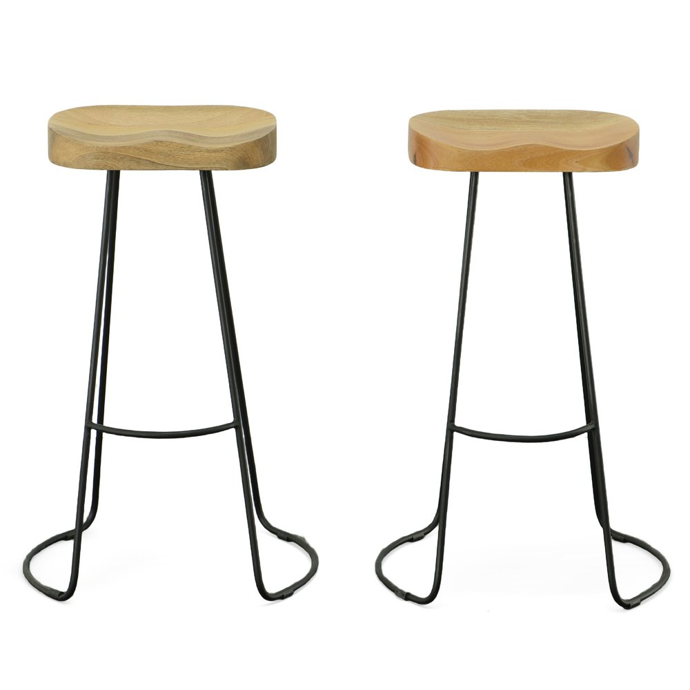 Set of Two 31" Natural and Black Solid Wood and Steel Backless Bar Height Bar Chairs - 31" H x 20" W x 18.25" D