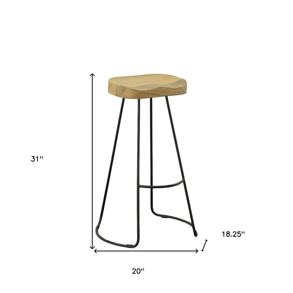 Set of Two 31" Natural And Black Solid Wood And Steel Backless Bar Height Bar Chairs on a white background