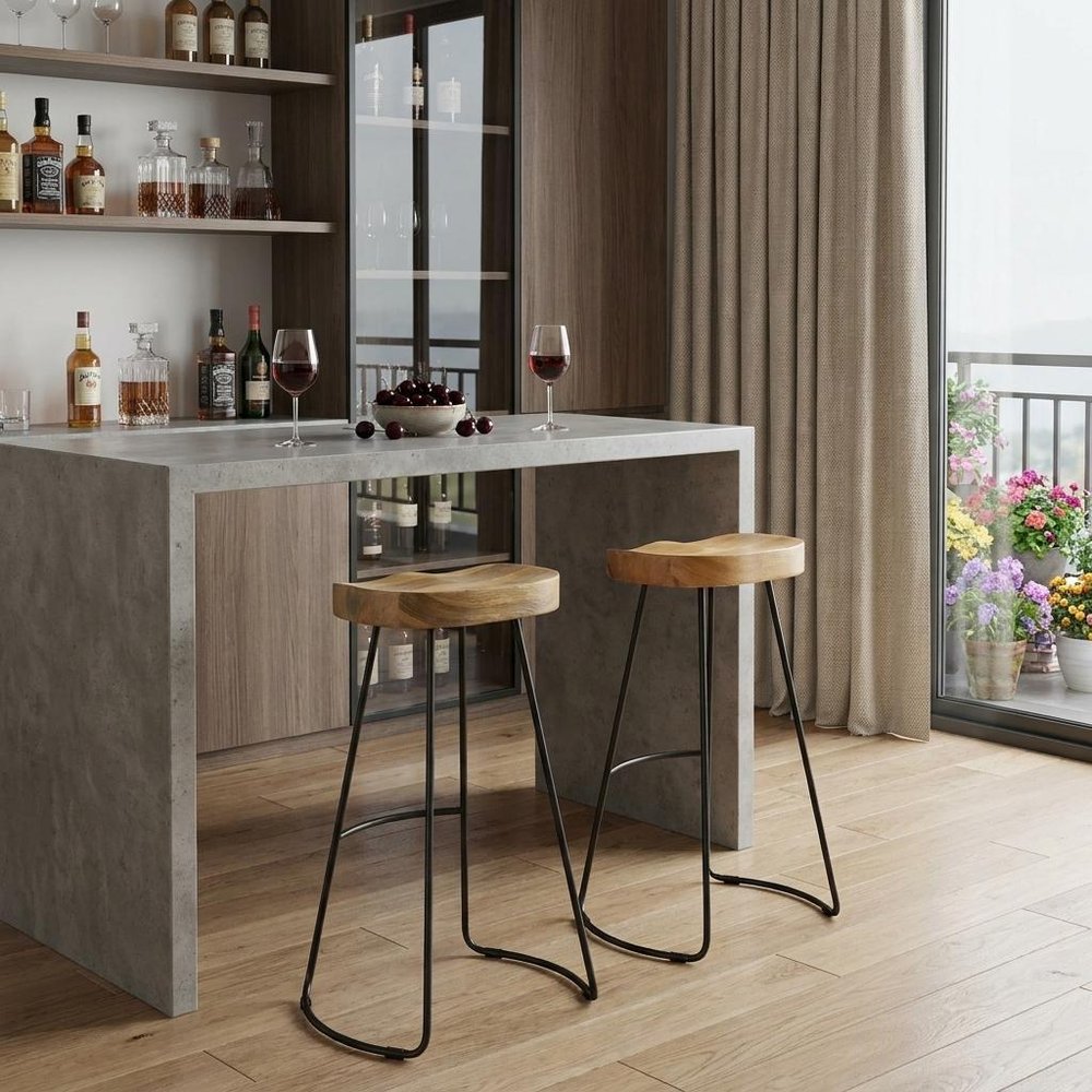Set of Two 31" Natural and Black Solid Wood and Steel Backless Bar Height Bar Chairs - 31" H x 20" W x 18.25" D